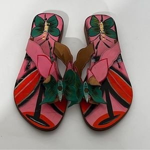 Enigma VTG Women's Size 38 Pink Green Orange Butterfly Painted Leather Sandals